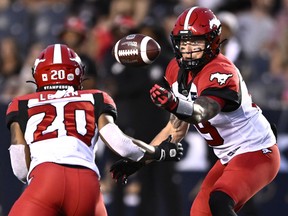 Calgary Stampeders quarterback Bo Levi Mitchell (19) tries to regain control of the ball in front of running back Peyton Logan (20) during first half CFL football action against the Ottawa Redblacks in Ottawa on Friday, Aug. 5, 2022.