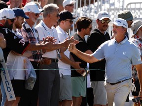 Jerry Kelly makes his way to the 18th green during the final round of the Shaw Charity Classic at Canyon Meadows Golf and Country Club in Calgary on Sunday, Aug. 7, 2022.