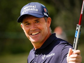 PGA golfer Pádraig Harrington celebrates after an eagle putt on the 18th hole during the Shaw Charity Classic at the Canyon Meadows Golf and Country Club in Calgary on Friday, August 5, 2022. AL CHAREST / POSTMEDIA