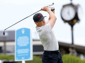 Colorado Avalanche defenceman Cale Makar takes a shot during the RBC Championship Pro-Am, part of Shaw Charity Classic week at Canyon Meadows Golf and Country Club in Calgary on Wednesday, Aug. 3, 2022.