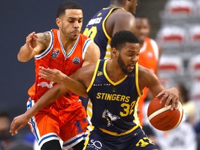 The Edmonton Stingers’ Stuckey Mosley battles the Cangrejeros’ during Basketball Champions League Americas action at WinSport in Calgary on March 14, 2022. The venue will be home to Calgary’s Canadian Elite Basketball League franchise, which is set to begin play in 2023.