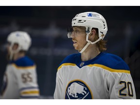 WASHINGTON, DC - APRIL 15: Cody Eakin #20 of the Buffalo Sabres looks on against the Washington Capitals during the second period at Capital One Arena on April 15, 2021 in Washington, DC.