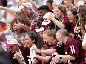 Fans cheer during a game between the Texas A&M Aggies and the Sam Houston State Bearkats at Kyle Field during a game Sept. 3 at College Station, Texas.