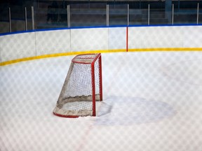 Empty hockey net stock photo.