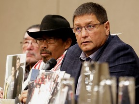 Mark Arcand, brother of Bonnie Burns, who was killed at James Smith Cree Nation, speaks at a press conference alongside Burns' relatives at a news conference in Saskatoon on Wednesday.