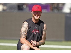 Calgary QB Bo Levi Mitchell smiles during practice at McMahon Stadium in Calgary on Wednesday, August 31, 2022. The Stampeders are gearing up for the Labour Day Classic against the Edmonton Elks on Monday. Jim Wells/Postmedia