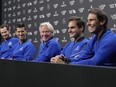 From left, Britain's Andy Murray, Serbia's Novak Djokovic, Captain Björn Borg, Switzerland's Roger Federer and Spain's Rafael Nadal attend a press conference ahead of the Laver Cup tennis tournament at the O2 in London, Thursday, Sept. 22, 2022.