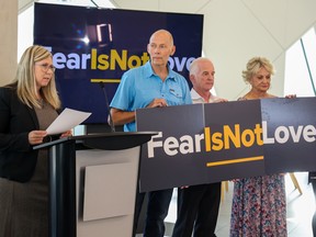 Kim Ruse, CEO with the Calgary Women's Emergency Shelter, announced the domestic violence agency is being renamed FearIsNotLove during a press conference at the Central Library on Wednesday, September 28, 2022.