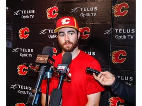 Calgary Flames forward Dillon Dubé addresses the media.