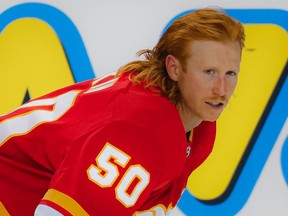Forward Cody Eakin, with the Calgary Flames on a training-camp tryout, is pictured before a preseason game against the Vancouver Canucks at Scotiabank Saddledome in Calgary on Sunday, Sept. 25, 2022.