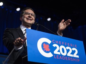 Conservative Party of Canada Leader Pierre Poilievre delivers a speech after he was announced as the winner of the Conservative Party of Canada leadership vote, in Ottawa, on Saturday, Sept. 10, 2022.