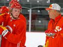 Calgary Flames prospect Jack Beck (left) is pictured during the annual prospect development camp at 7 Chiefs Sportsplex on Tsuut'ina Nation on July 12, 2022.