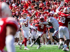 Oklahoma Sooners quarterback Dillon Gabriel passes against the Nebraska Cornhuskers during the third quarter at Memorial Stadium in Lincoln, Neb, on Saturday, Sept. 17, 2022.