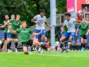 Cavalry FC (in the green kit) battles HFX Wanderers FC at Wanderer Grounds in Halifax on Monday, Sept. 5, 2022.
