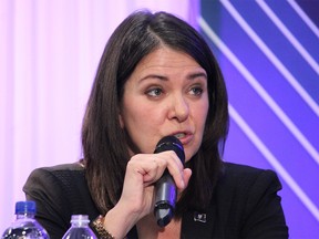 UCP leadership candidate Danielle Smith speaks at an all-candidates forum at the Oil Sands Trade Show in Fort McMurray on Wednesday, September 14, 2022.