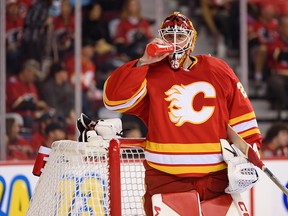 Calgary Flames goalkeeper Jacob Markstrom in action against the Seattle Kraken during a preseason game on Oct. 3.