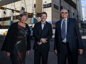 President & CEO of Glenbow, Nicholas R. Bell, centre, stands with local philanthropists Susan Norman-Werklund and Dave Werklund after the couple announced a $3.5 million donation to the Glenbow Museum's fundraising campaign on Thursday, October 13, 2022. The Glenbow is currently undergoing a major renovation.
