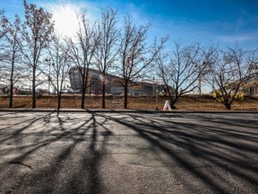 Afternoon sun casts shadows towards the location of a proposed new arena near the Scotiabank Saddledome on October 19, 2022.