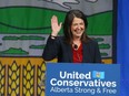 Danielle Smith celebrates after winning the UCP leadership at the BMO Centre in Calgary on Thursday.