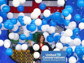 Danielle Smith celebrates at the BMO Centre in Calgary following the UCP leadership vote on Thursday, October 6, 2022.