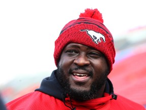 Calgary Stampeders defensive tackle Derek Wiggan, pictured during practice at McMahon Stadium on Tuesday, Oct. 25, 2022, is the team’s 2022 recipient of the Presidents’ Ring in recognition of “excellent on and off the field.”