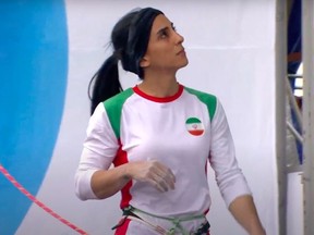 A screengrab of Iranian athlete Elnaz Rekabi preparing to scale a wall during the IFSC Climbing Asian Championship finals in Seoul on October 15, 2022. PHOTO BY KAFTV/YOUTUBE