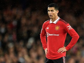 Manchester United's Portuguese striker Cristiano Ronaldo looks on during the English Premier League football match between Everton and Manchester United at Goodison Park in Liverpool, north west England on October 9, 2022.