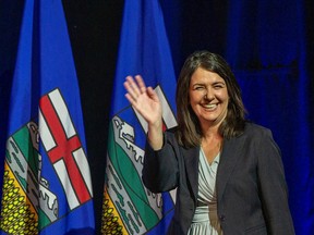 Danielle Smith prepares to speak at the UCP annual general meeting on Saturday at the River Cree Resort and Casino.