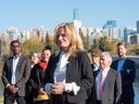 Opposition Leader Rachel Notley speaks to the UCP election of their new leader Danielle Smith along the North Saskatchewan river on October 7, 2022 in Edmonton.