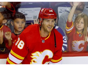Brett Sutter in warmup before a preseason NHL hockey game for the Calgary Flames on Sunday, September 25, 2022. Sutter has been named the captain of the Wrangler, the Flames' farm team.