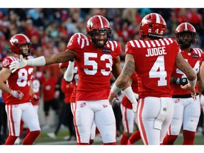 Calgary Stampeders Shaq Smith and Cameron Judge during CFL football in Calgary on Saturday, October 1, 2022. AL CHAREST / POSTMEDIA