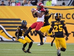Calgary Stampeders receiver Kamar Jorden makes a catch against the Hamilton Tiger-Cats at Tim Hortons Field in Hamilton on June 18, 2022. The Stamps erased a 21-point halftime deficit and went on to win 33-30 in overtime.
