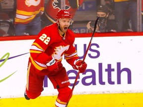 Calgary Flames forward Trevor Lewis celebrates after scoring an empty-net goal on the Dallas Stars during Game 5 of the Western Conference final at the Scotiabank Saddledome in Calgary on May 11, 2022.