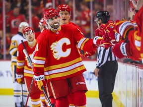 Calgary Flames forward Nazem Kadri celebrates a goal against the Pittsburgh Penguins with teammates at Scotiabank Saddledome in Calgary on Tuesday, Oct. 25, 2022.