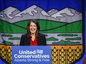 Danielle Smith celebrates after being chosen as the new leader of the United Conservative Party and next Alberta premier in Calgary, Alta., Thursday, Oct. 6, 2022.