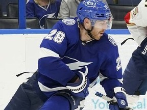 Lightning defenceman Ian Cole (28) during the third period of an NHL preseason game Saturday, Oct. 8, 2022, in Tampa, Fla.