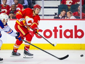 Calgary Flames forward Kevin Rooney in action against the Edmonton Oilers during a pre-season game at Scotiabank Saddledome in Calgary on Sept. 28.