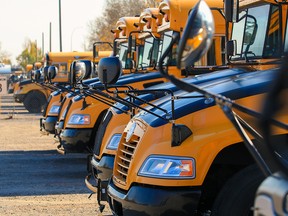 A row of school buses in a Southland Transportation storage area on Tuesday.