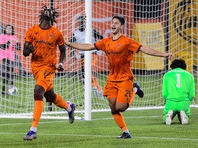 Forge FC celebrates a goal against Calgary FC during the second leg of the CPL semi-finals at Tim Hortons Field in Hamilton on Oct. 23, 2022. Forge would go on to win 2-1.