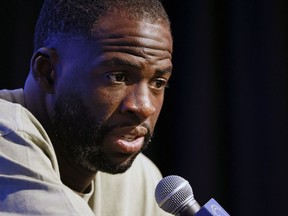Golden State Warriors' Draymond Green speaks during an NBA basketball news conference Saturday, Oct. 8, 2022, at Chase Center in San Francisco, Calif.. Green made a statement and took questions from members of the news media after an incident where Green punched teammate Jordan Poole during practice.