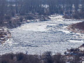 Ice jams up the Bow River near Carseland, Ab., on Tuesday, November 8, 2022.