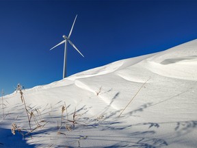 Drifted snow and a wind turbine north of Hussar, Ab., on Tuesday, November 8, 2022.