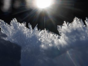 Ice crystals on top of snow near Highwood Pass southwest of Calgary, Ab., on Tuesday, November 15, 2022.