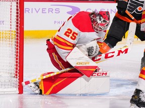 Calgary Flames goaltender Jacob Markstrom makes a save against the Philadelphia Flyers at Wells Fargo Center in Philadelphia on Monday, Nov. 21, 2022.