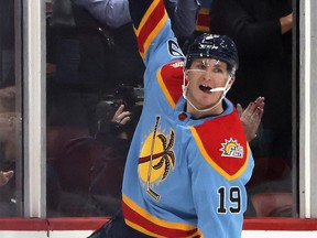 Matthew Tkachuk #19 of the Florida Panthers celebrates his third period goal against the Calgary Flames at FLA Live Arena on November 19, 2022 in Sunrise, Florida. The Flames defeated the Panthers 5-4 in the shootout.