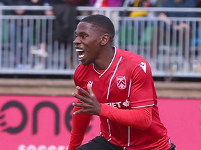 Elijah Adekugbe, pictured celebrating a winning goal for Cavalry FC last season, is departing the club. He was an original member when the CPL side was formed four years ago.