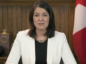 Premier Danielle Smith during her televised address to Albertans on Tuesday, November 22, 2022.