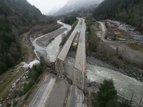 Damage caused by heavy rains and mudslides is pictured along the Coquihalla Highway near Hope on Nov. 18, 2021.