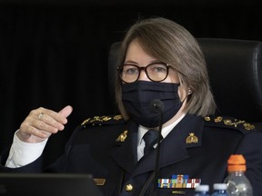 RCMP Commissioner Brenda Lucki responds to a question from counsel as she appears as a witness at the Public Order Emergency Commission in Ottawa, Tuesday, Nov. 15, 2022.