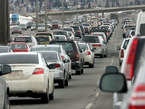 Traffic is backed up on Deerfoot Trail near Glenmore Trail after a crash on March 10, 2013.